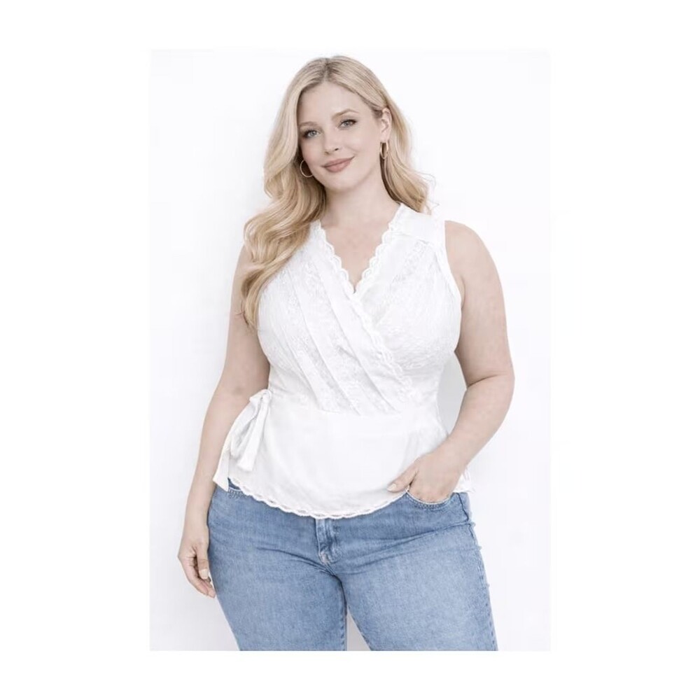 Chic and Elegant Women's Plus Size 3X White Sleeveless Wrap-Around Shirt
